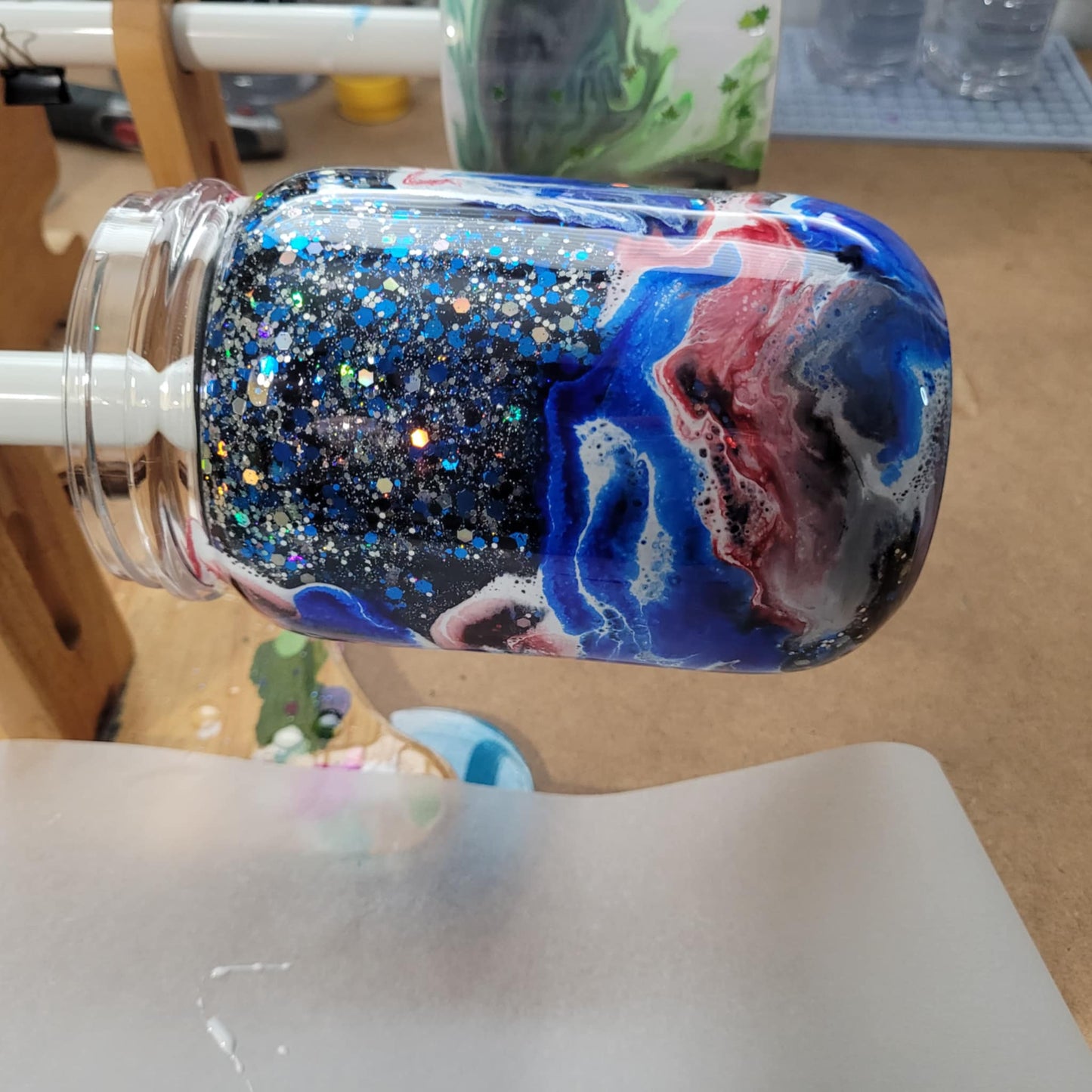 20oz Mason Ink Swirl Snow Globe. Whits Galaxy Glitter. Red, Blue & Silver Ink Swirl
