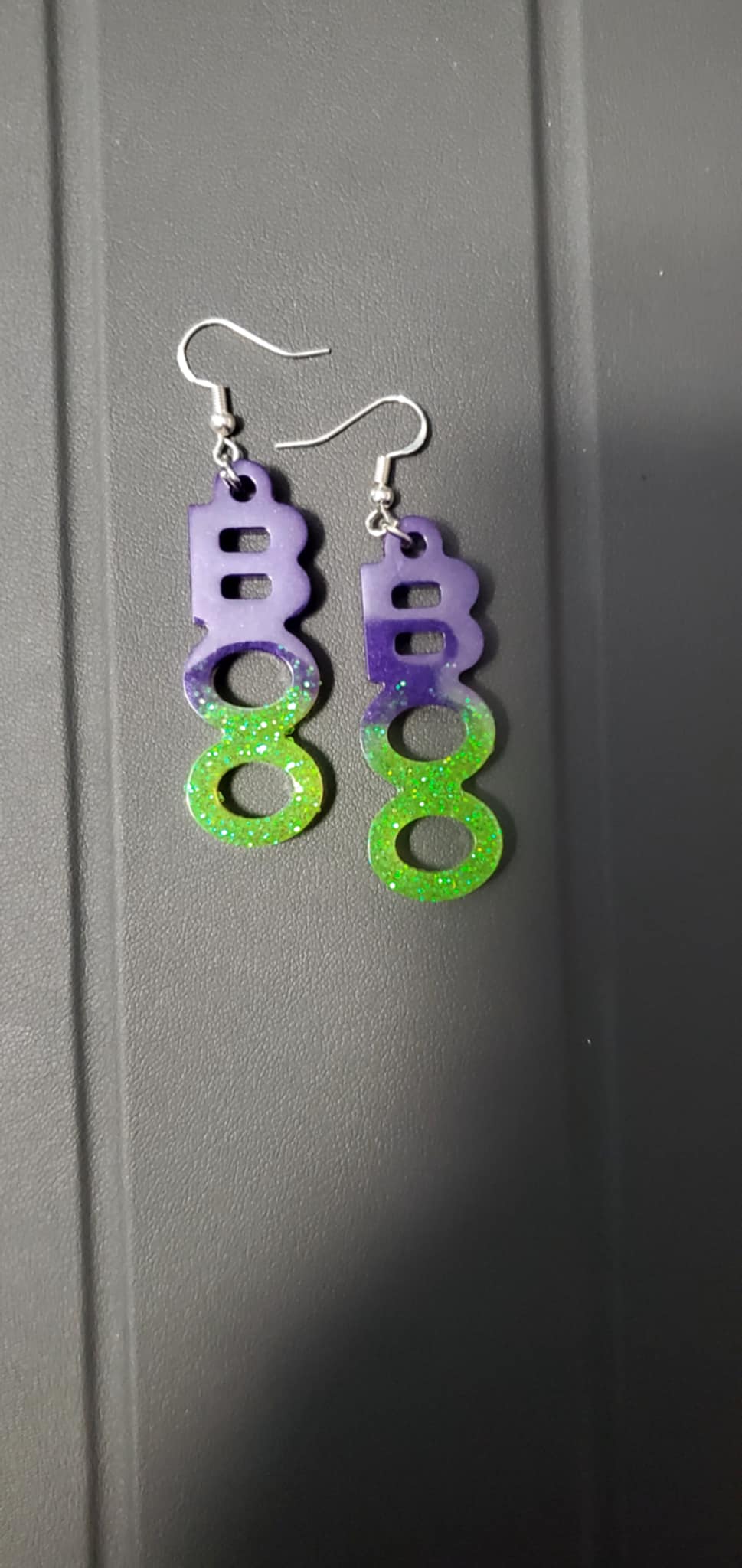 BOO earrings (purple glow and neon green glitter)
