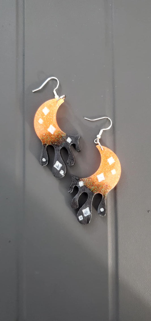 Moon Drip earrings (orange glitter and black mica shimmer)