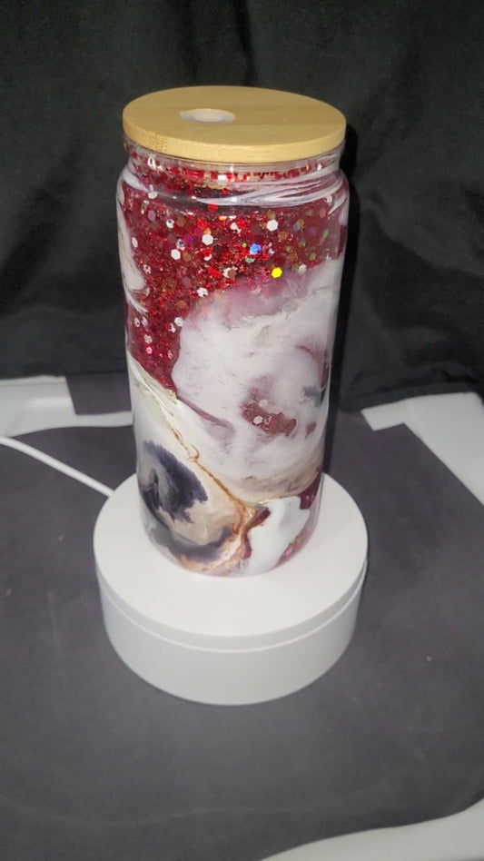 20oz Red and Holographic white glitter with ink swirl
