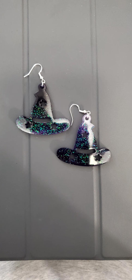 Witch hat earrings (black and purple glitter)