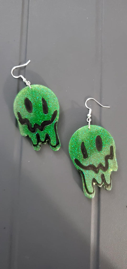 Smile Drip earrings (green glitter w/black face)