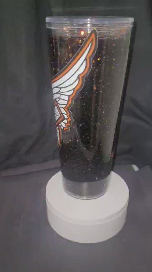 1026~ 24oz snow globe tumbler, Black & Orange Mix