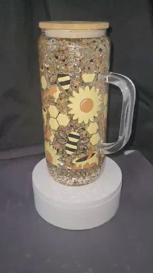 20oz Glass Snow Globe Tumbler Gold & Black, Bee & Hives