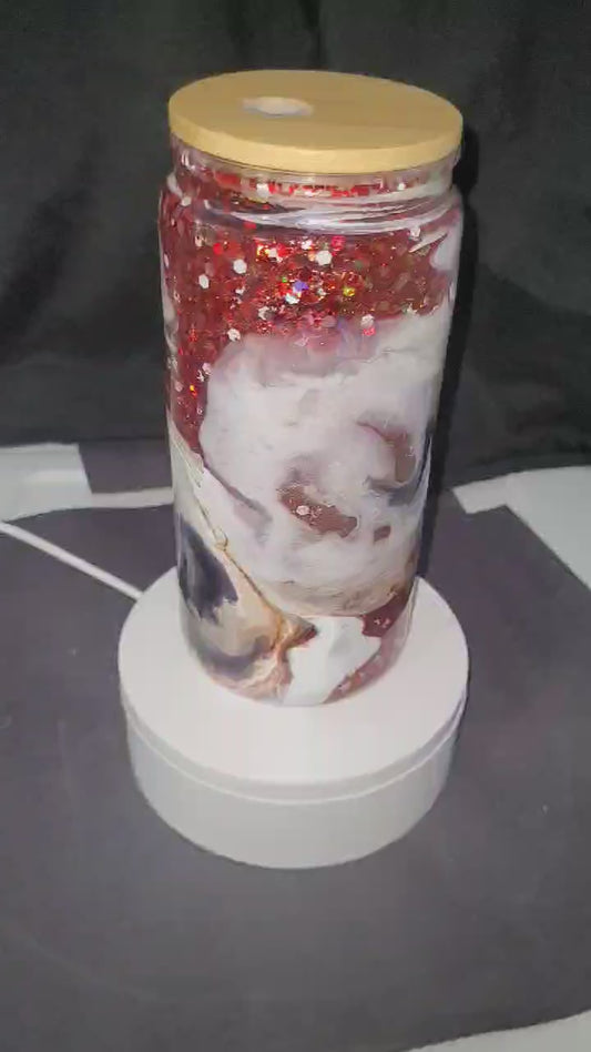 20oz Red and Holographic white glitter with ink swirl