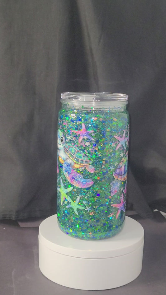 16oz Acrylic snow globe tumbler, Green Ocean Mix Turtle & Stars