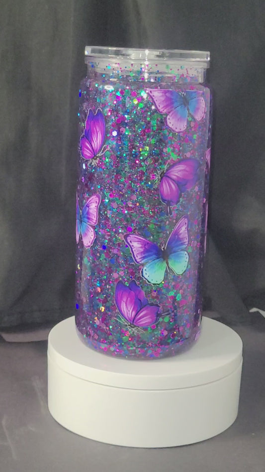 20oz Acrylic snow globe tumbler, Purple blue mix & Butterfly's
